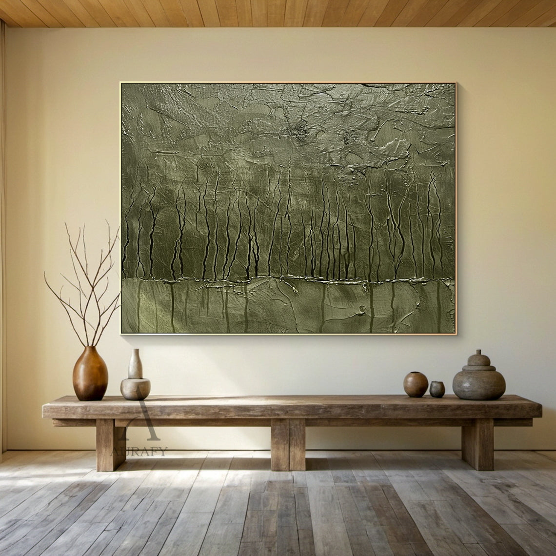 Green Abstract Art Thick Impasto Tactile Surface Vertical Drip Lines Sculpted Wall Art AURA461