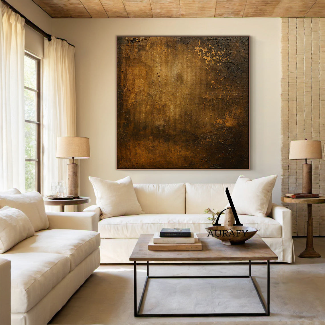 Wabi Sabi Brown Plaster Textured Weathered Canvas Art with Chipped Finish Tactile Surface AURA568