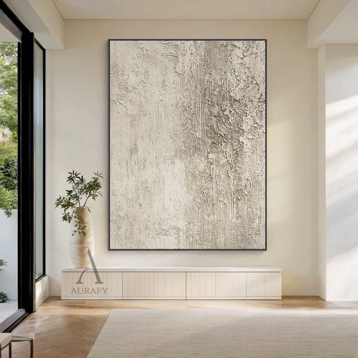 Beige Abstract Plaster Textured Art with Tactile Peeling Surface Vertical Lines Wabi-Sabi Style AURA452