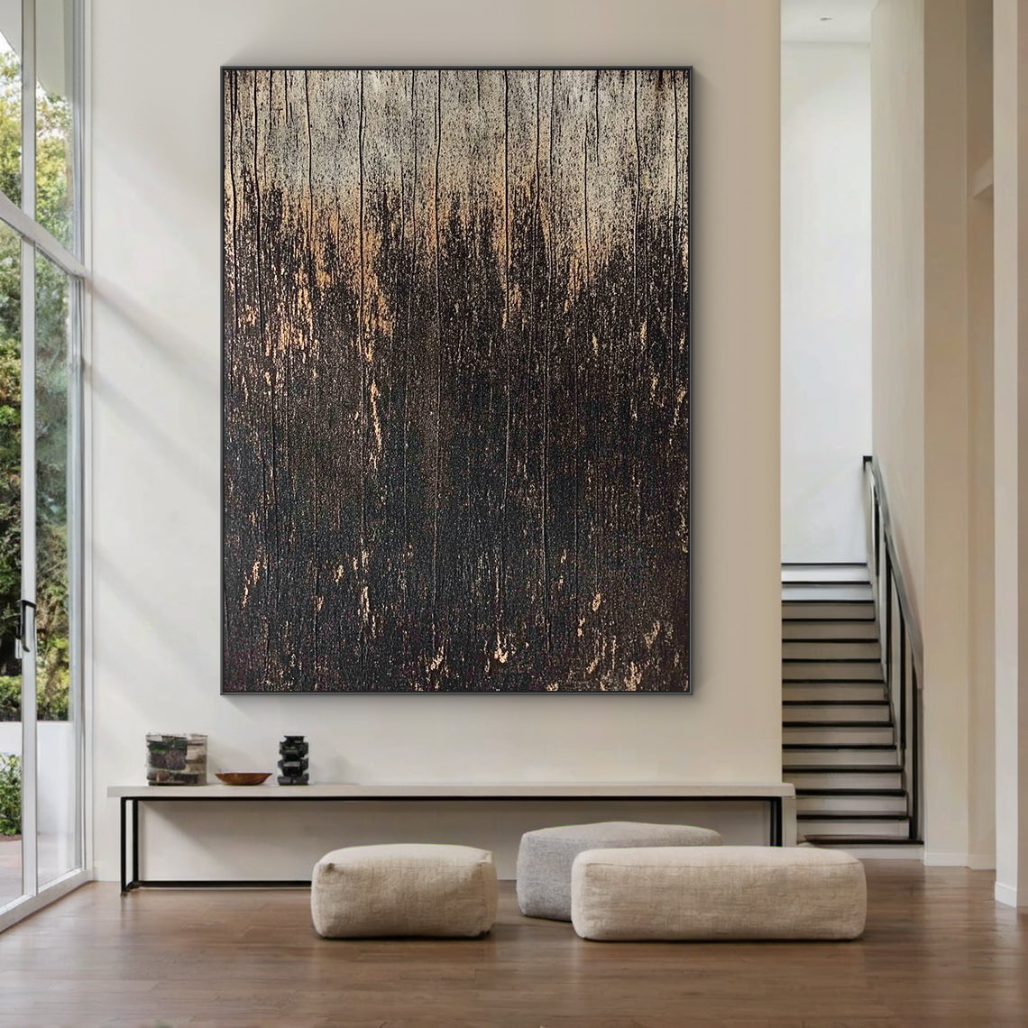 Wabi Sabi Distressed Wood Grain Black Brown Weathered Vertical Texture Artwork with Chipped Patina AURA592