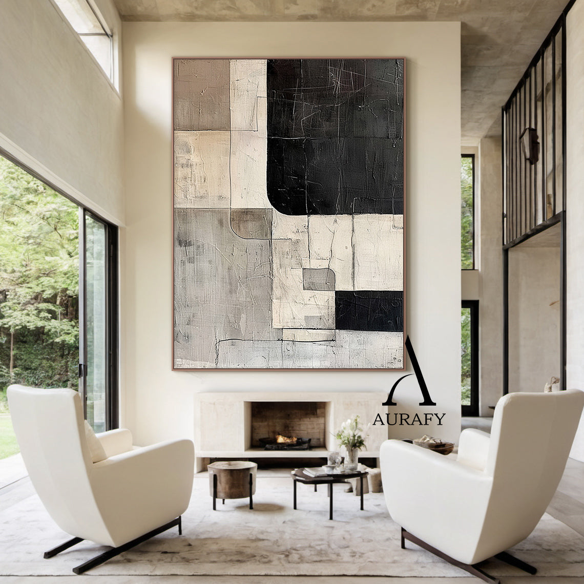 Wabi Sabi Abstract Art Tactile Scratch Textured Black Beige Gray Modern Organic Wall Decor AURA566