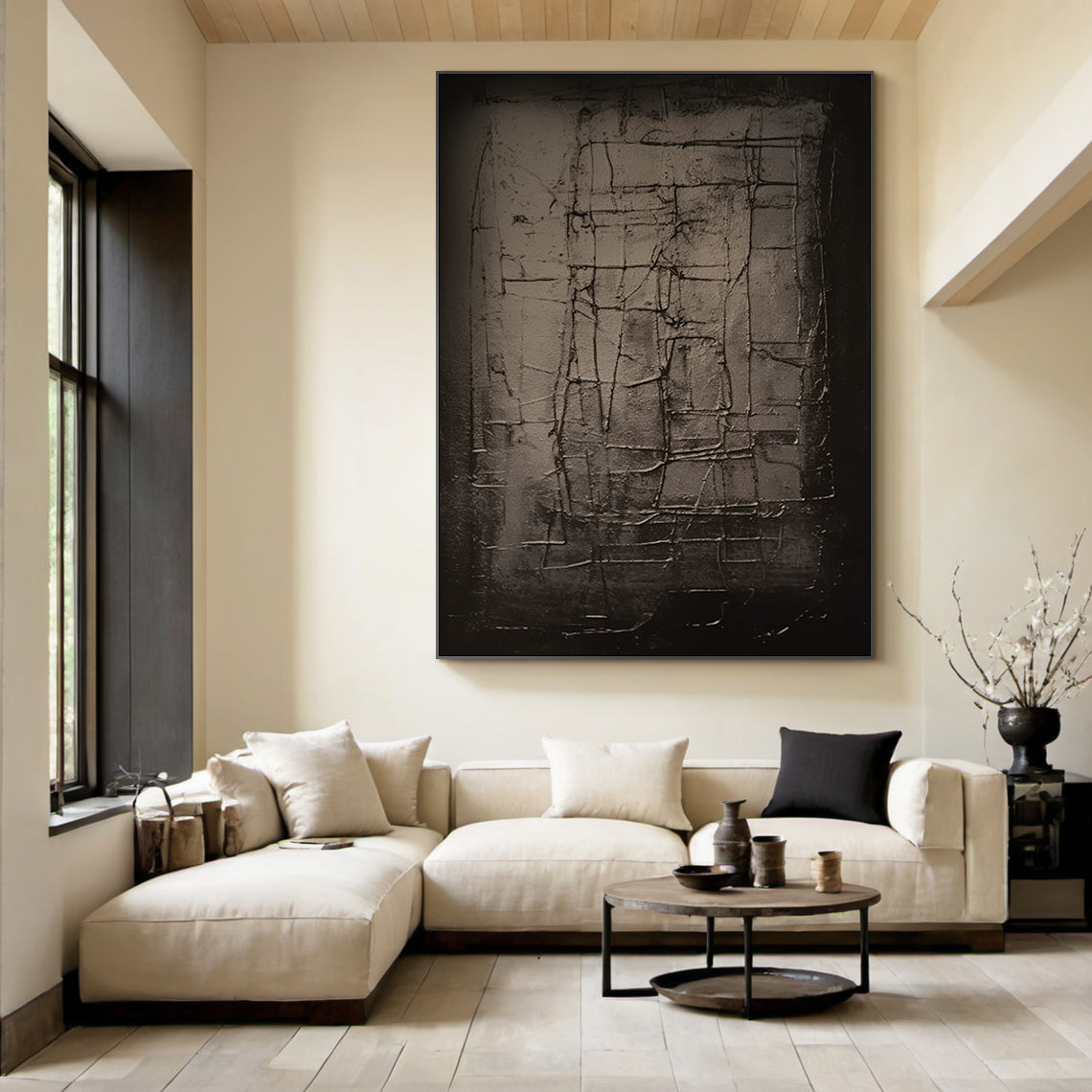 Textural Grid Painting – Deep Charcoal Canvas – AURA019(Square)
