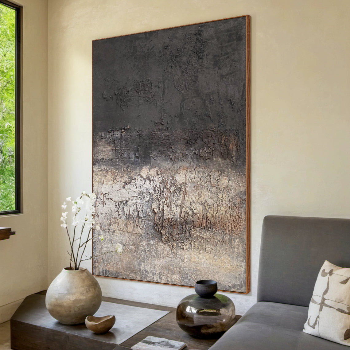 Eroded Calm — Charcoal Beige Textured Wall Art – AURA071