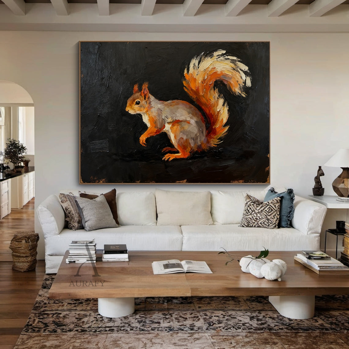 Red Squirrel Wall Art on Black Background - AURA657