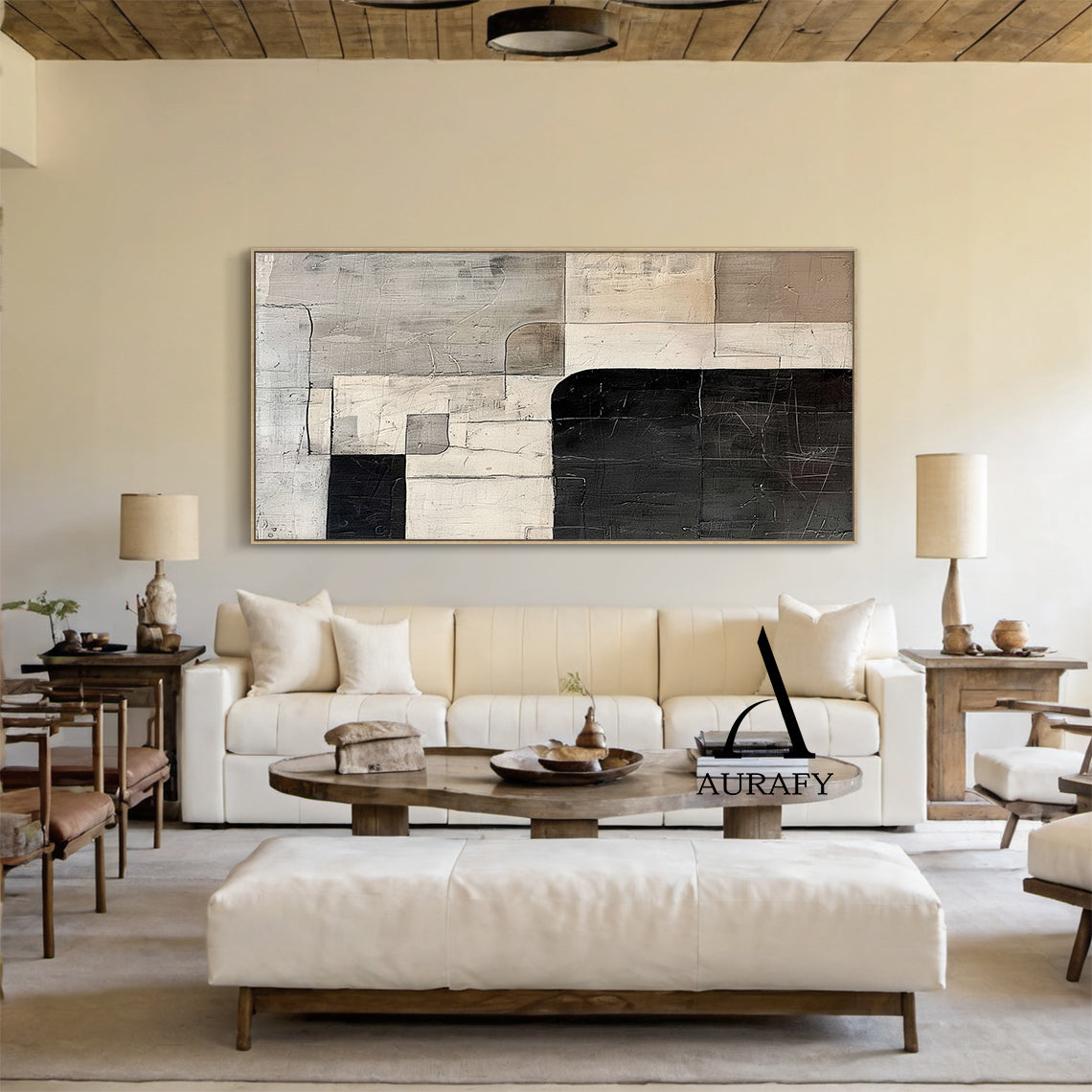 Wabi Sabi Abstract Art Tactile Scratch Textured Black Beige Gray Modern Organic Wall Decor AURA566