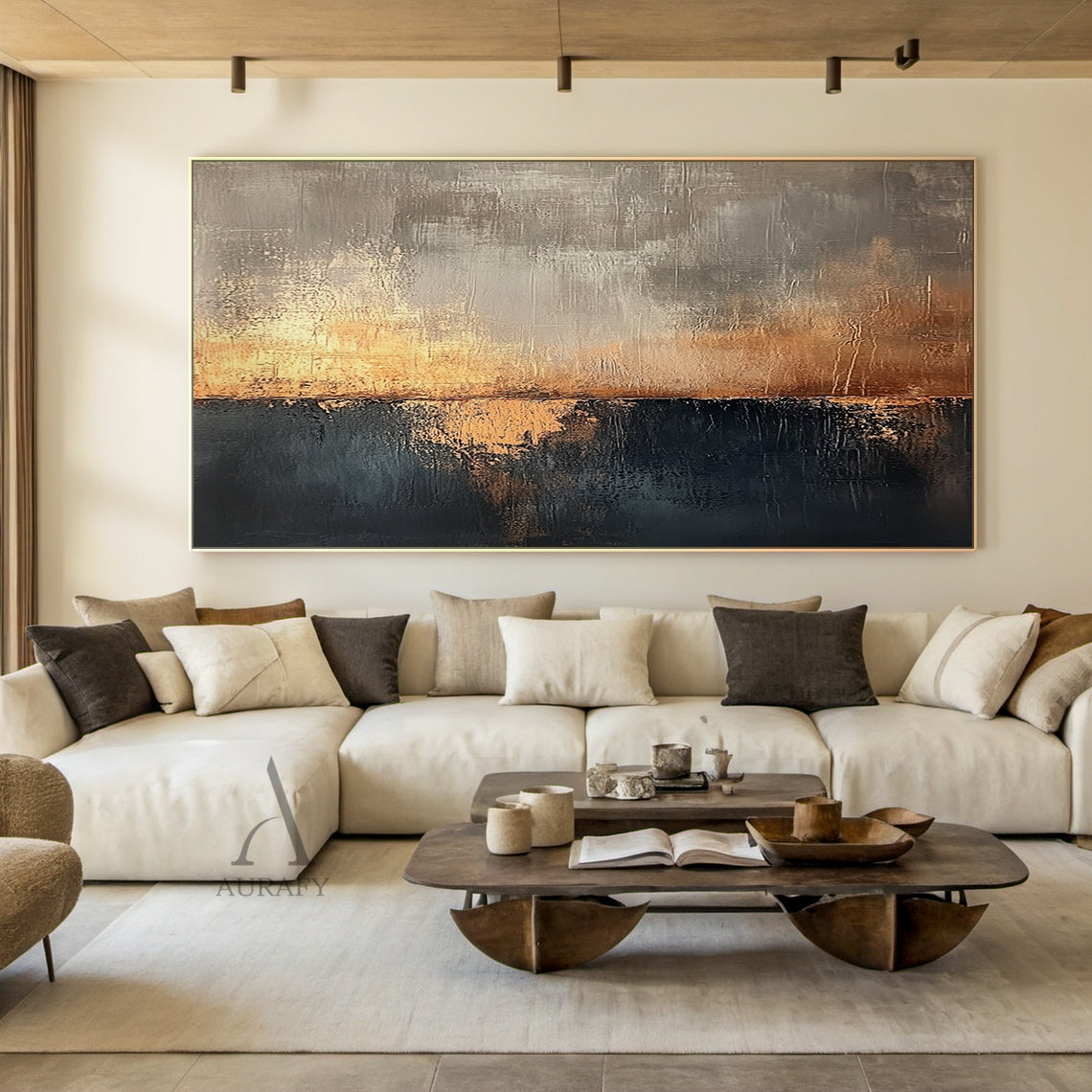 Yellow Ochre and Black Abstract Wall Art with Reflected Light - AURA825