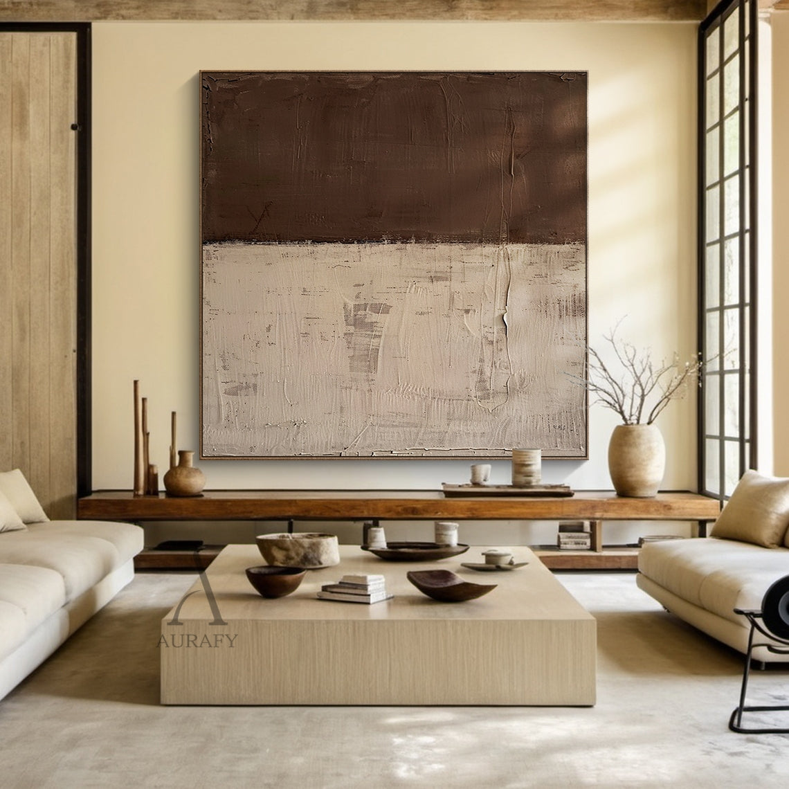 Brown & Beige Two-Tone Textured Abstract Wall Art | Wabi Sabi Japandi Minimalist Canvas | AURA810