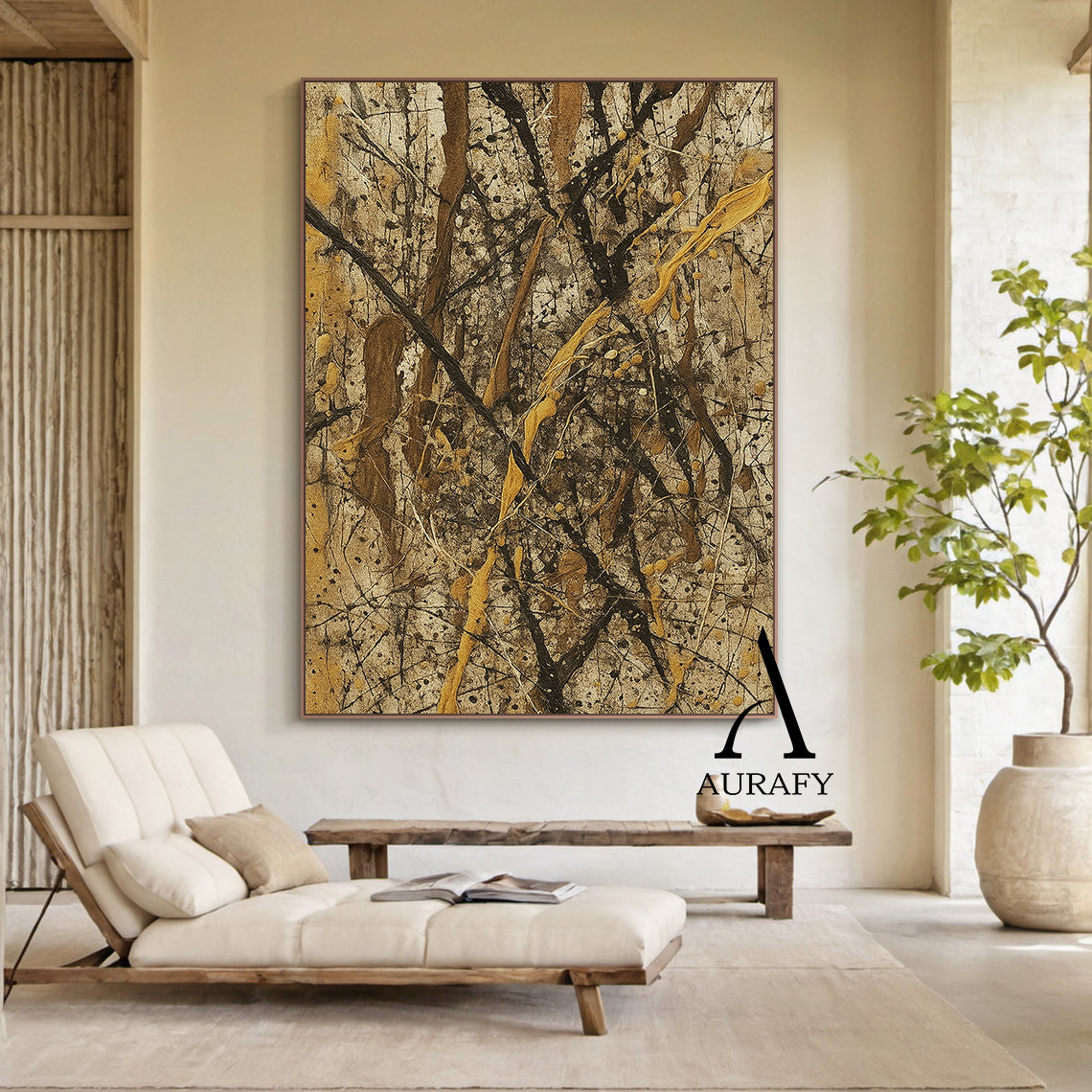 Wabi Sabi Brown Abstract Art Textured Canvas Splattered Earthy Tones Organic Branch Lines Tactile Surface AURA569