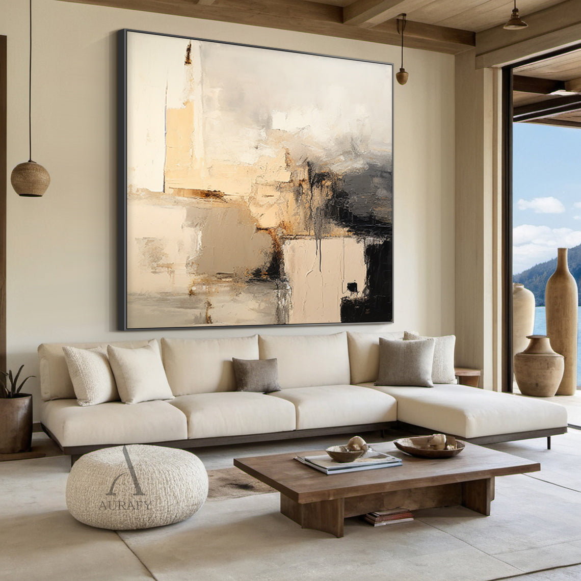 General Abstract Beige Black Wall Art for Contemporary Home Decor AURA286