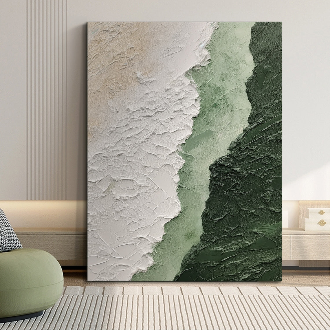 Moss Serenity Canvas – Moss Green & Ivory Textured Wall Art – AURA061