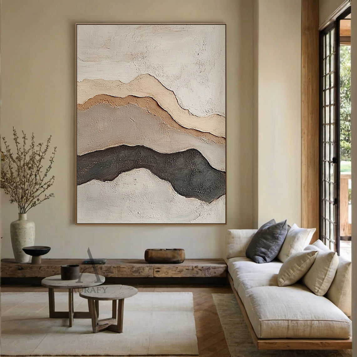 Beige Abstract Landscape Layered Plaster Textured High-Relief Tactile Minimalist Modern Organic Artwork AURA438