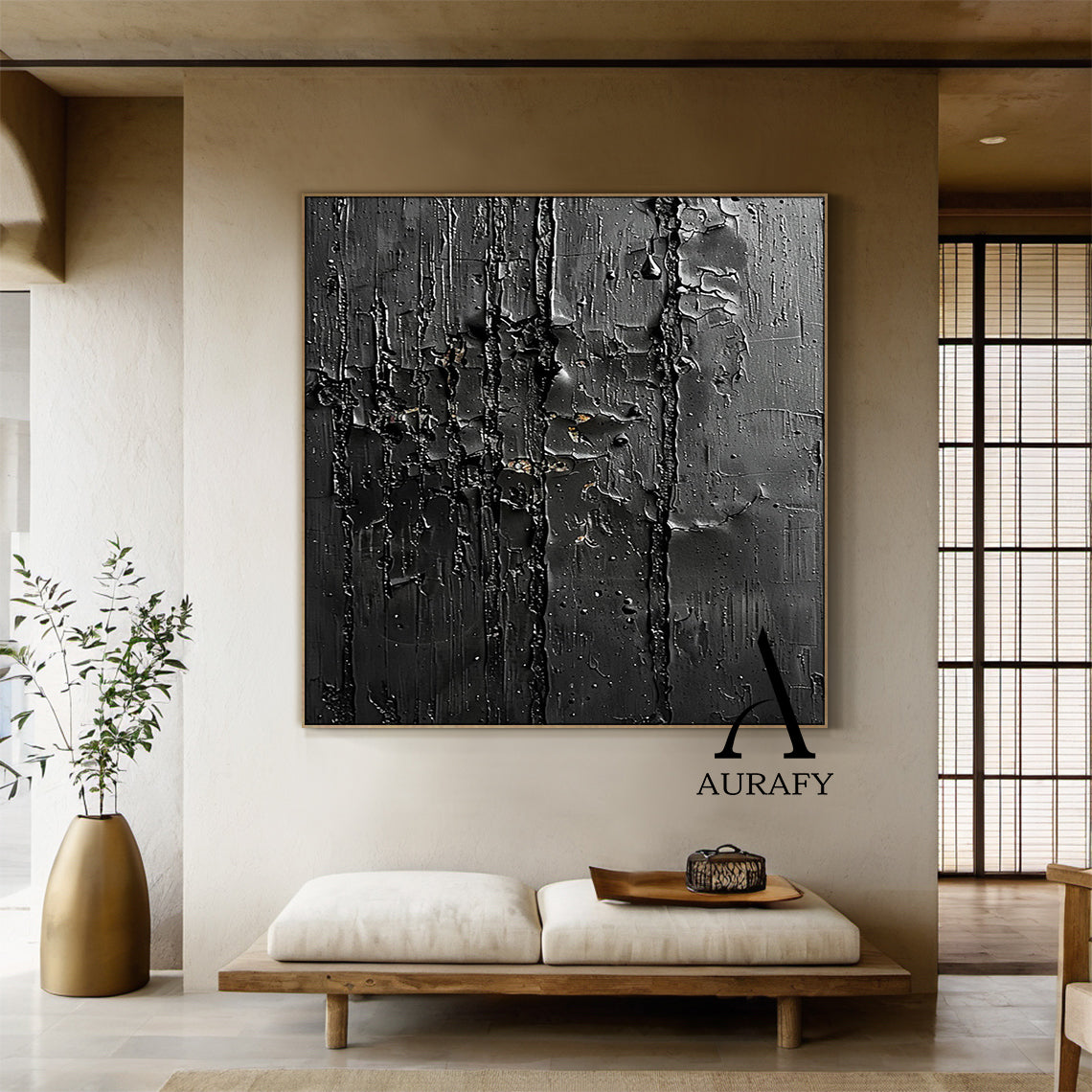 3D Textured Black Abstract Minimalist Painting Cracked Impasto Raised Ridges Tactile Artwork AURA529