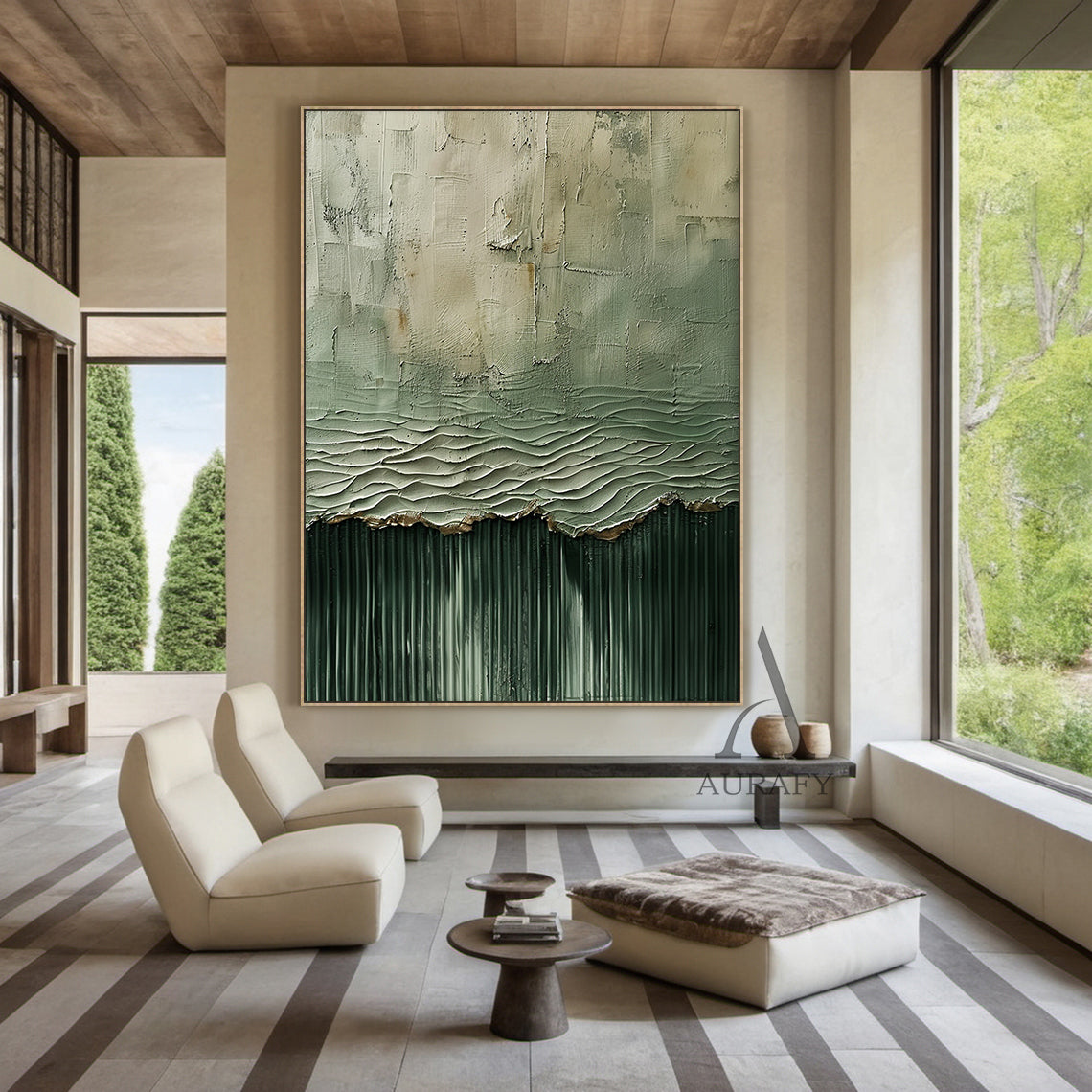 General Abstract Green Textured Art Vertical Flow Wave Thick Coat Copper Accents Worn Surface AURA508