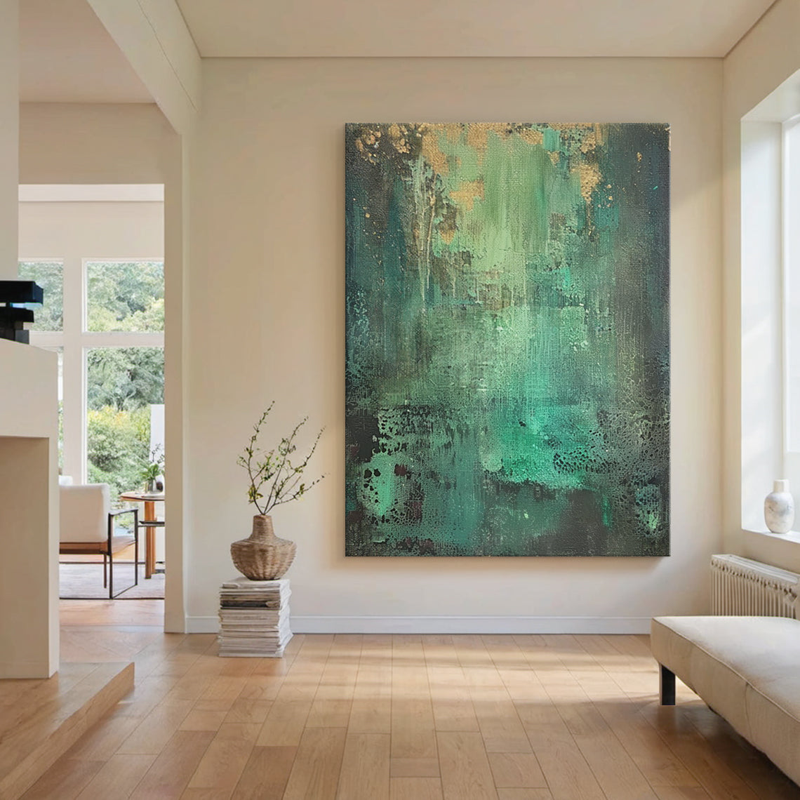 Textural Abstract Wall Art – Emerald Green & Gold Patina – AURA038(Vertical)