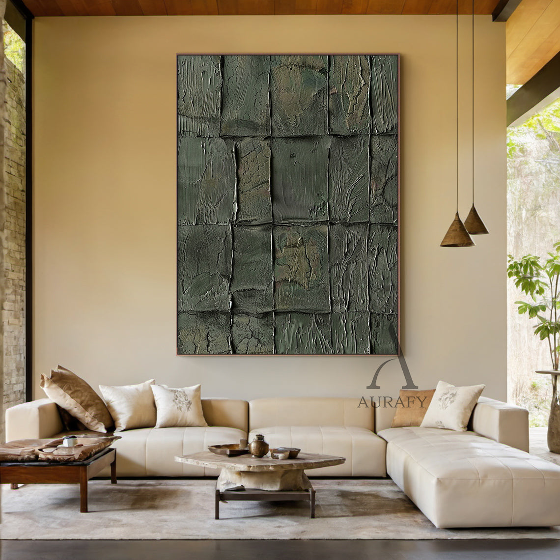 Green Abstract Art Tactile Natural Texture Grid Pattern Thick Paint Wall Decor AURA470