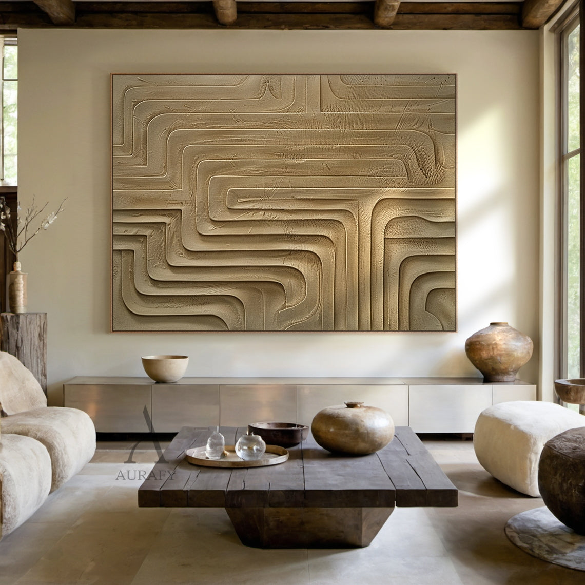 Minimalist Wall Art Brown High-Relief Plaster Tactile Surface Sculpted Geometric Lines Minimalist Luxe Decor AURA432