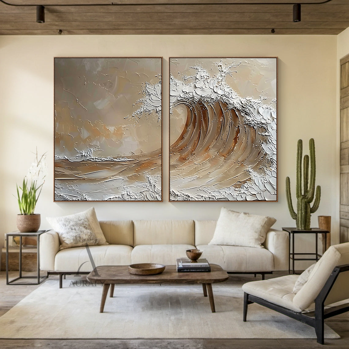 Brown Coastal Wave Wall Art Set of 2 - AURA671