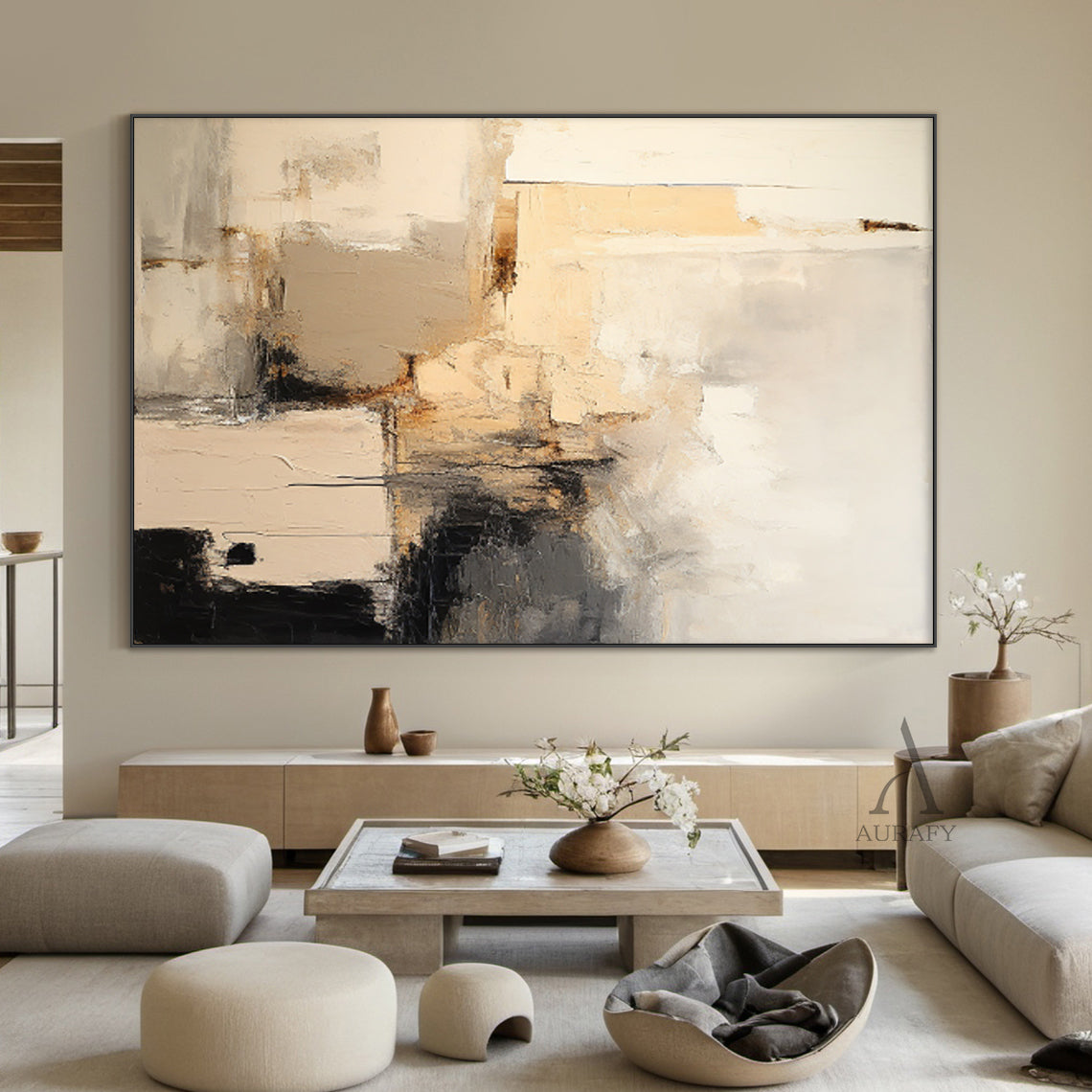 General Abstract Beige Black Wall Art for Contemporary Home Decor AURA286