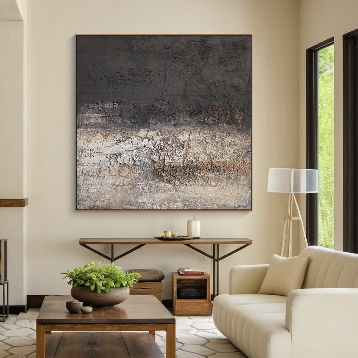 Eroded Calm — Charcoal Beige Textured Wall Art – AURA071