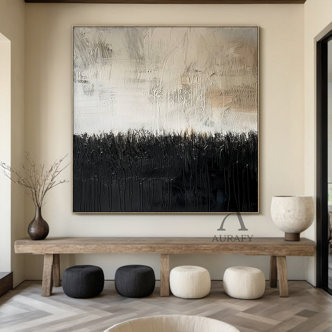 General Abstract Art White Beige Black Scratch Mottled Texture Paint Drips Modern Organic AURA482