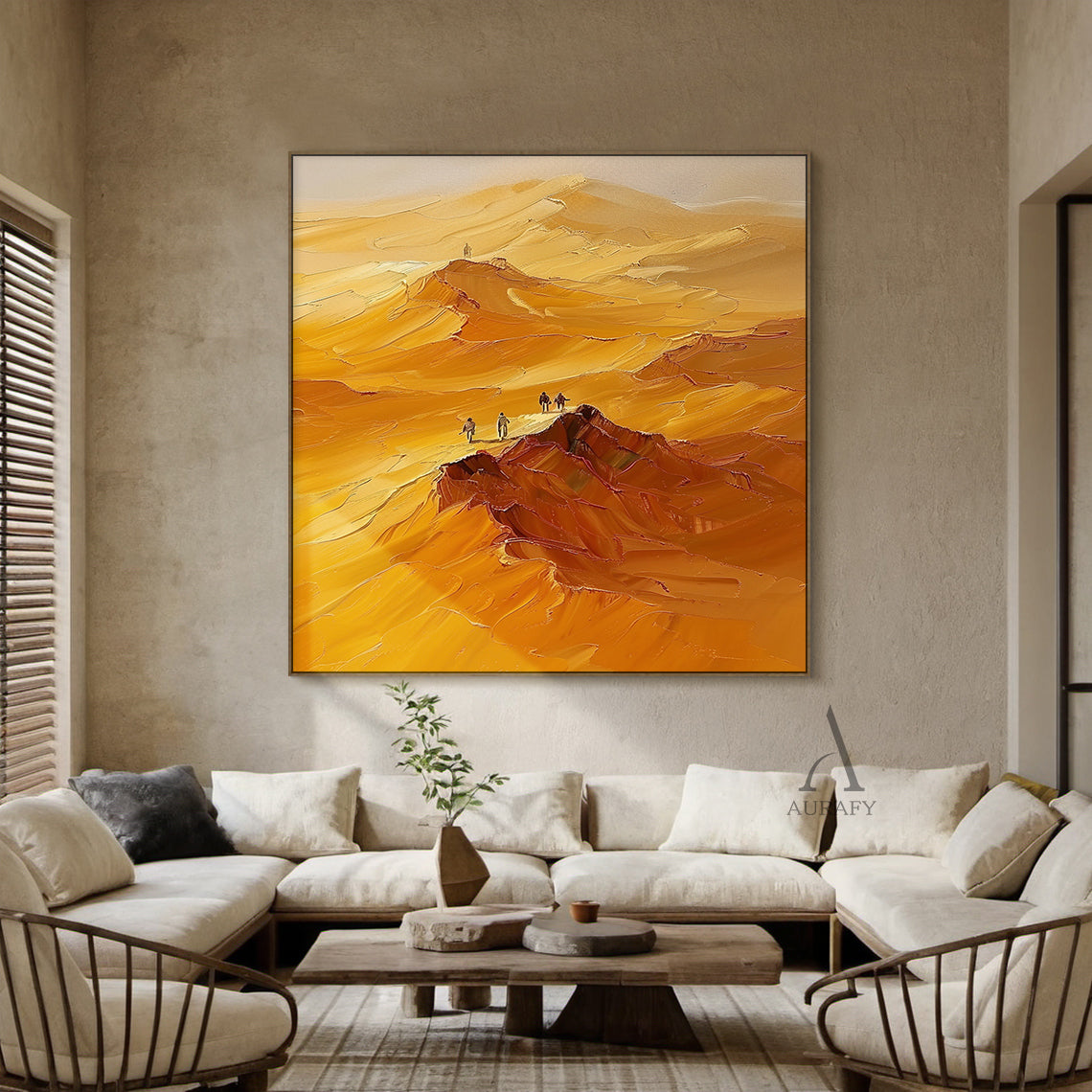 Yellow Landscape Impasto Oil Painting with Knife Strokes Tactile Surface and Exploring Figures AURA416