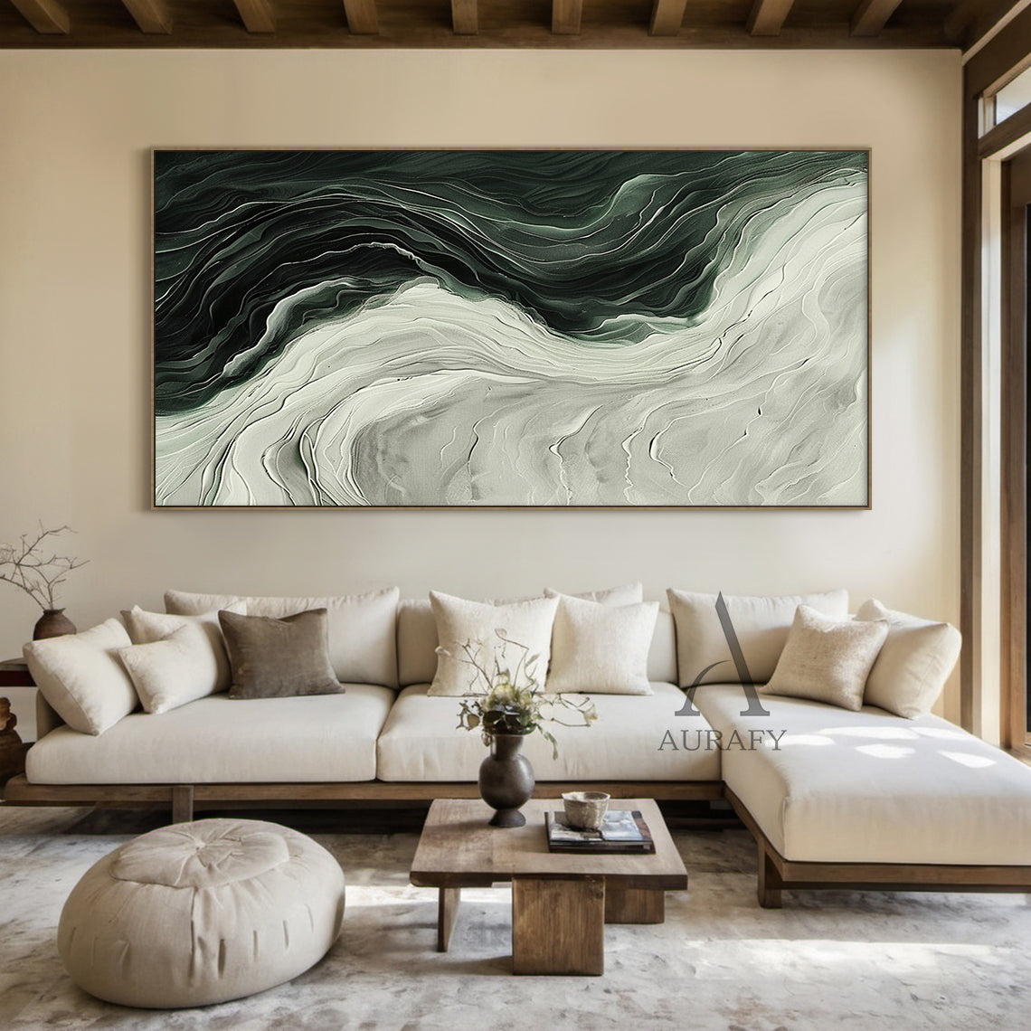 Green Abstract Art Thick Impasto Knife Strokes Flowing Wave Layers Modern Organic AURA502
