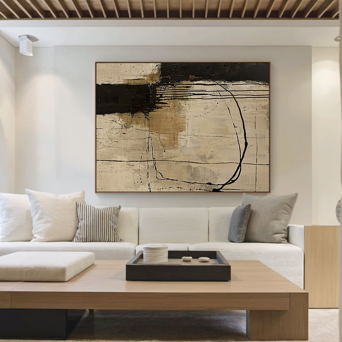 Wabi Sabi Beige Black Tactile Canvas Art with Paint Drip Details Irregular Lines Rustic Texture AURA586