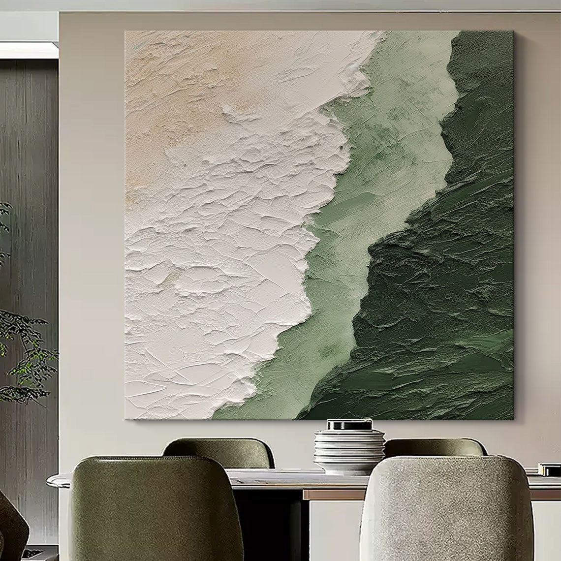 Moss Serenity Canvas – Moss Green & Ivory Textured Wall Art – AURA061