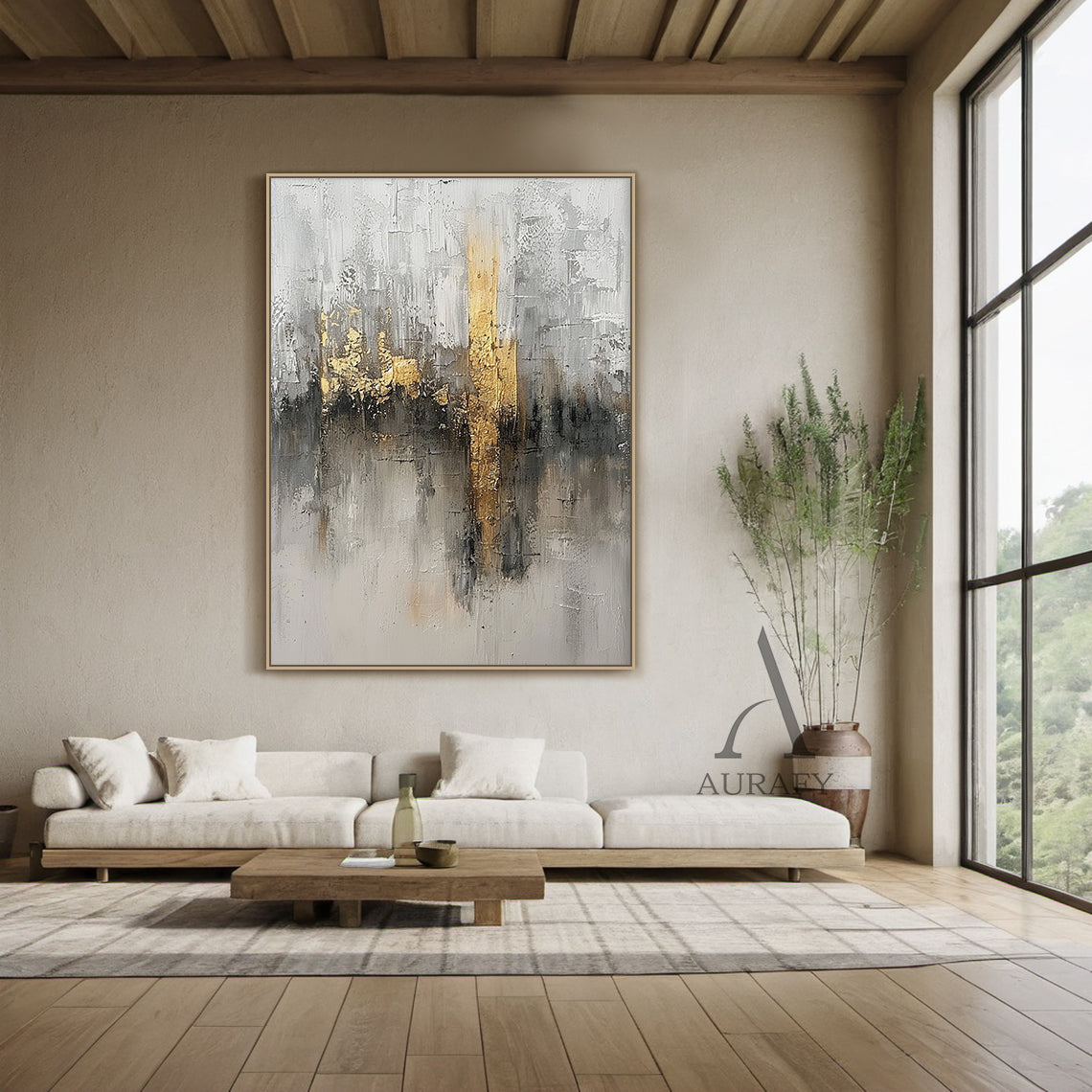 Abstract Gray White Gold Art with Knife Strokes Tactile Sculpted Minimalist Luxe Canvas AURA497