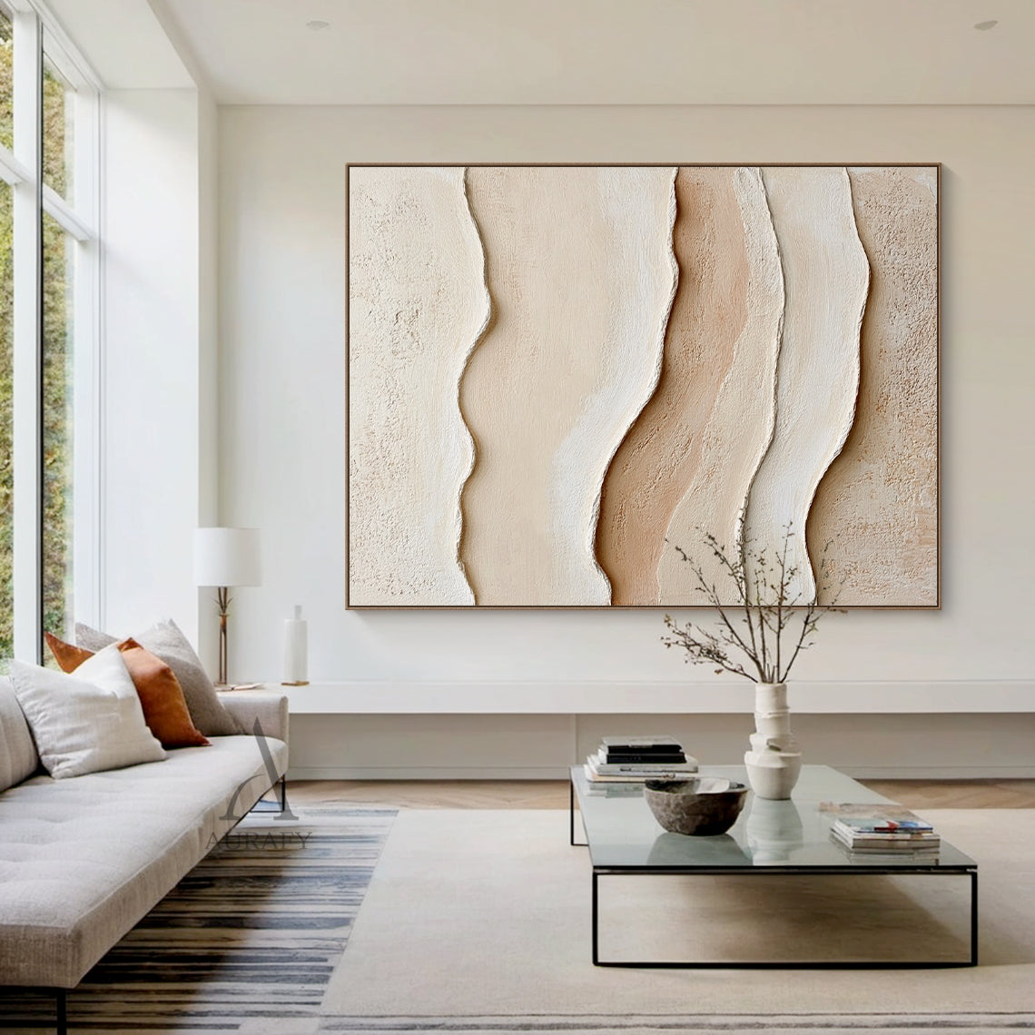 3D Textured Beige Painting Tactile Plaster Surface Sculpted Wave Modern Organic Wabi-Sabi Artwork AURA435