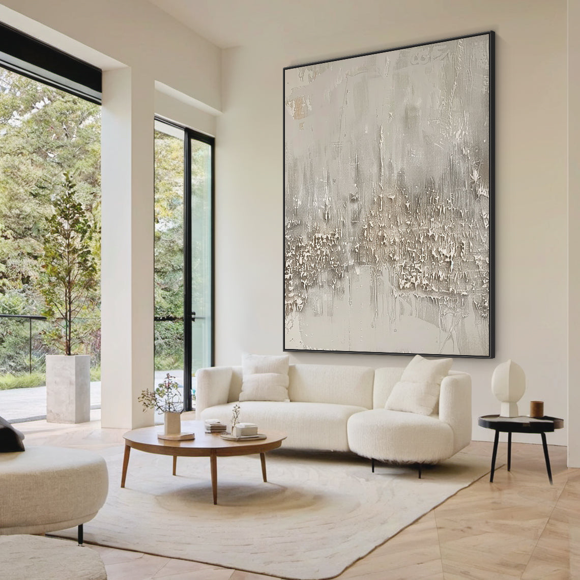 Distressed Drip Canvas – Soft Gray & Cream Tones – AURA024(Vertical)