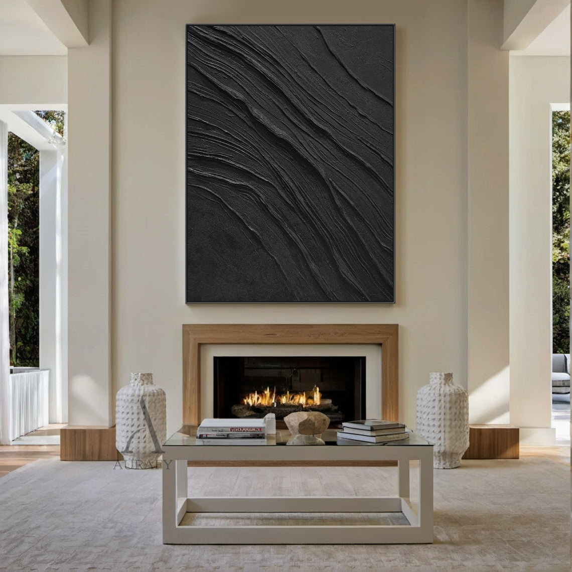 Minimalist Black Wall Art Sculpted Wave-Layered Tactile High-Relief Modern Organic Decor Piece AURA449