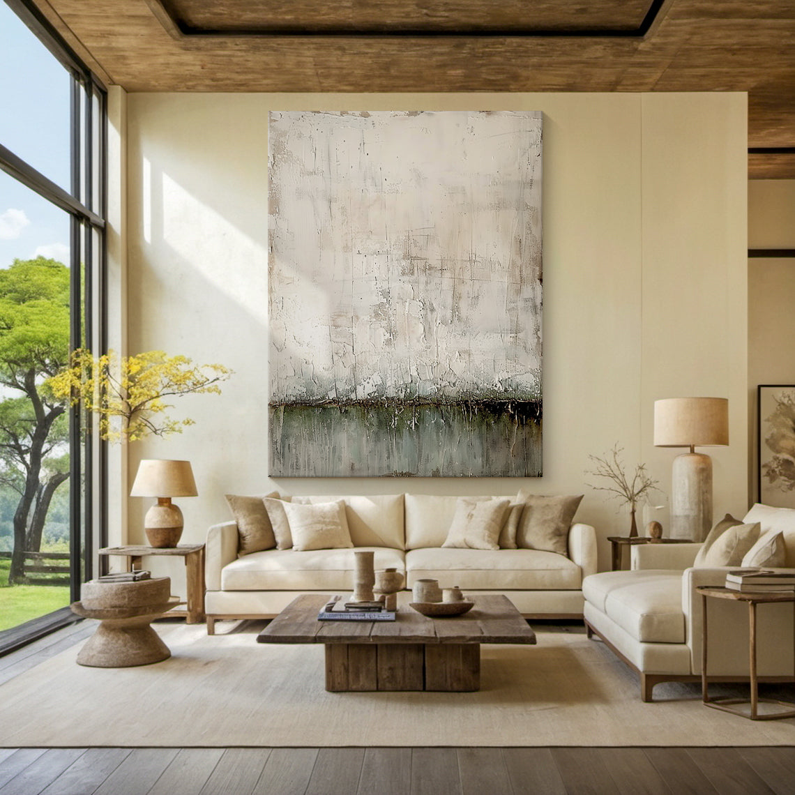 Wabi Sabi Plaster Textured Beige Green Impasto Scuffed Peeling Dripped Modern Artwork AURA576