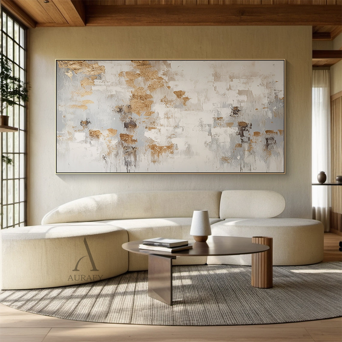 General Abstract Beige Yellow Plaster Textured Art Tactile Surface Flowing Brushstrokes Modern Organic AURA462