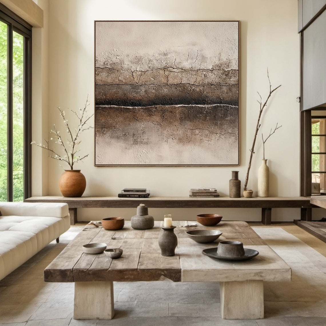 Wabi Sabi Abstract Art Cracked Plaster Texture Brown Beige Mottled Tactile Wall Decor AURA580