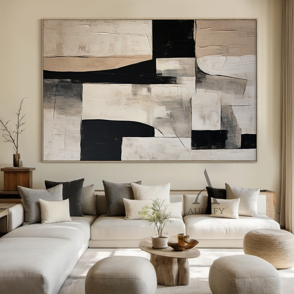 General Abstract Black Beige White Impasto Textured Tactile Surface Minimalist Luxe Artwork AURA484