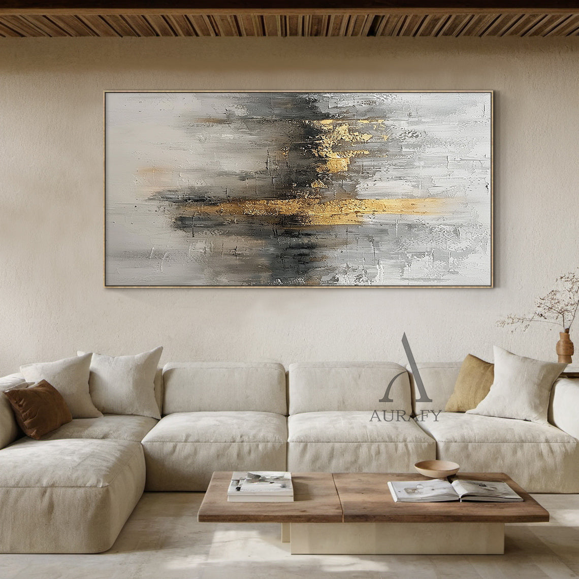 Abstract Gray White Gold Art with Knife Strokes Tactile Sculpted Minimalist Luxe Canvas AURA497