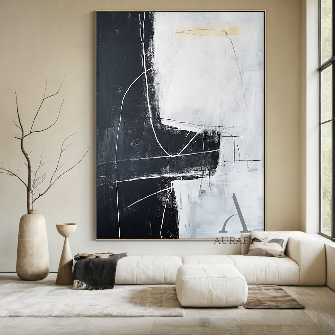 Black White Abstract Art with Rough Brushstrokes Geometric Blocks Organic Lines Tactile Surface AURA492