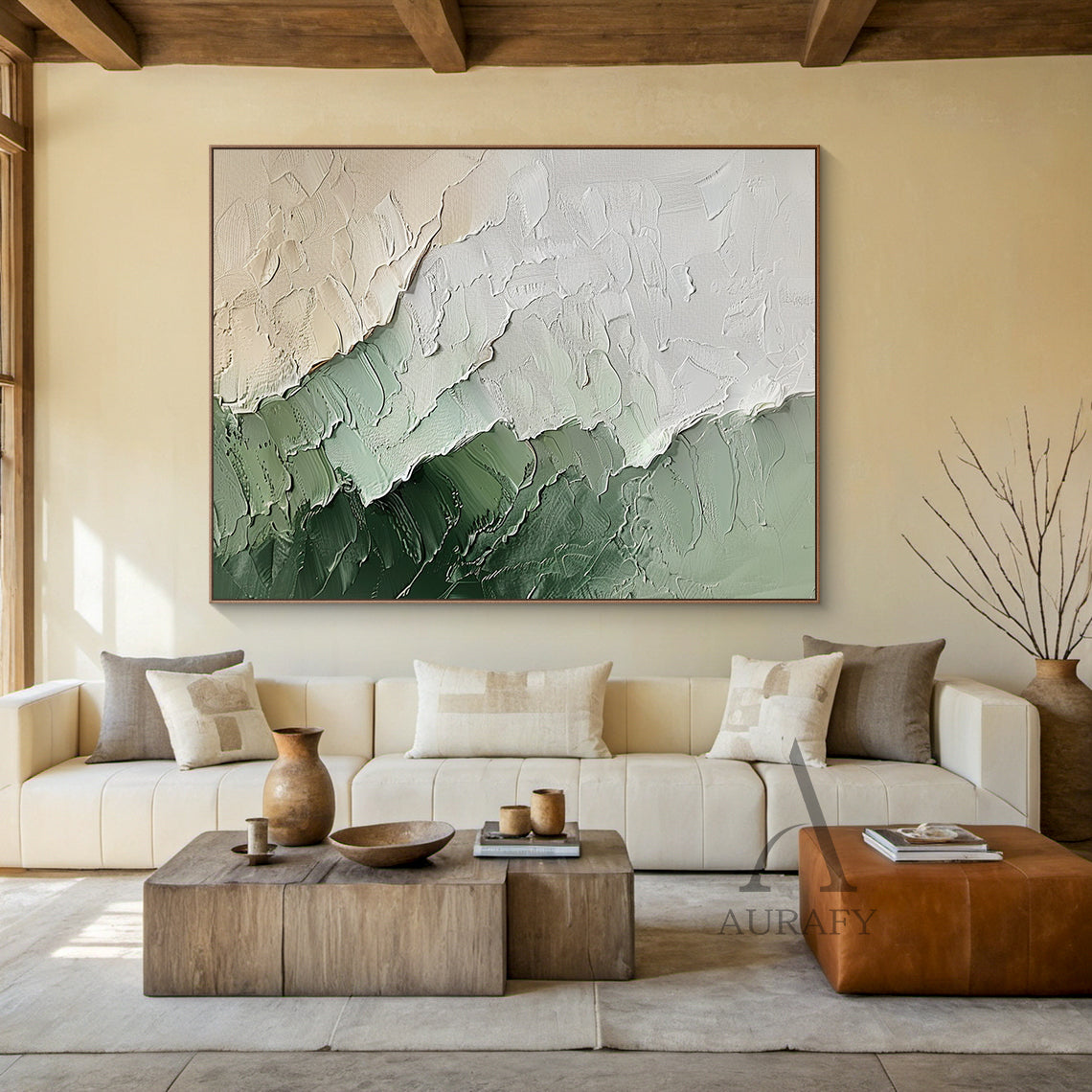 Modern 3D Textured Painting Green Beige for Living Room Decor AURA282