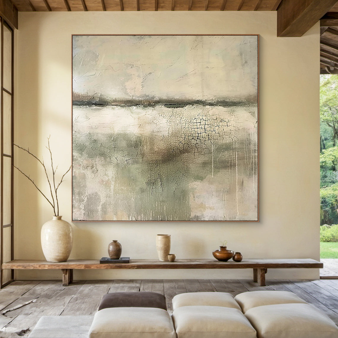 Mossed Silence-Green & Beige Wabi-Sabi Art-AURA080