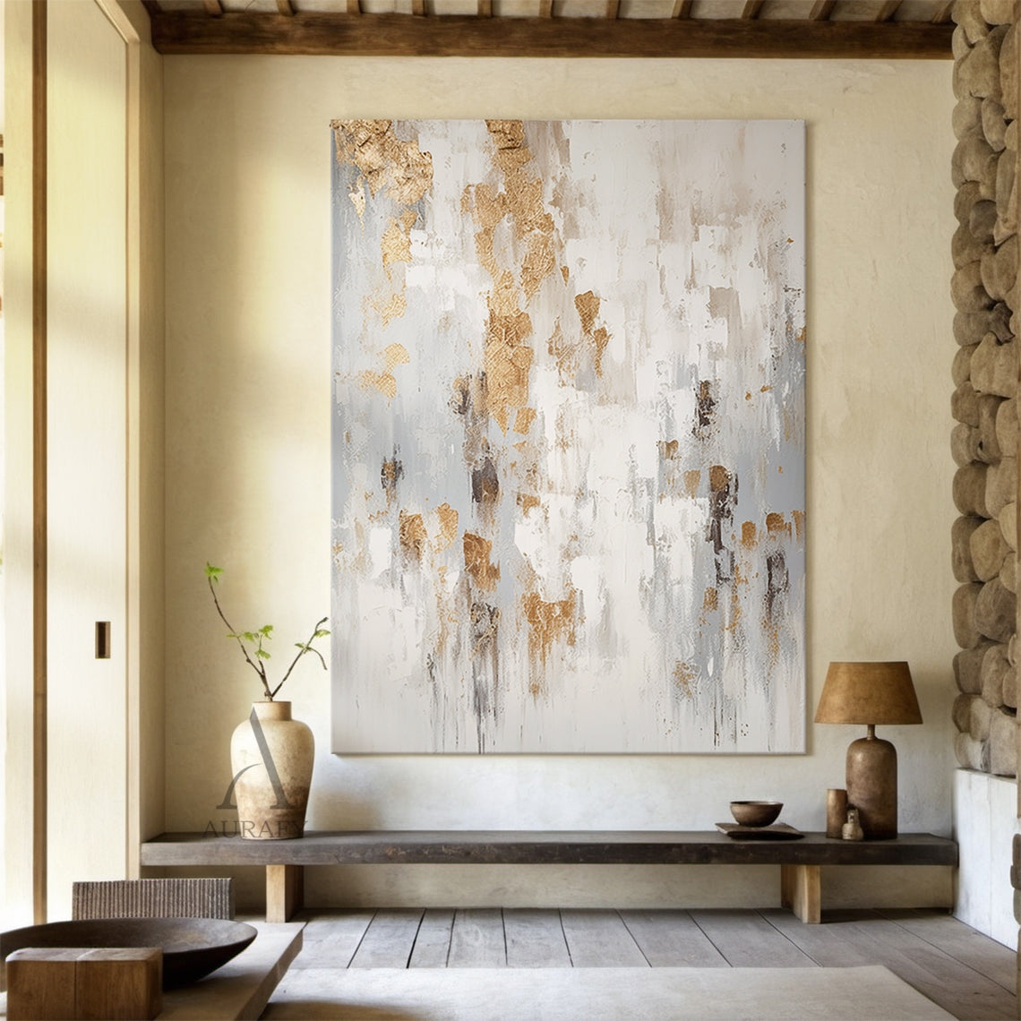 General Abstract Beige Yellow Plaster Textured Art Tactile Surface Flowing Brushstrokes Modern Organic AURA462