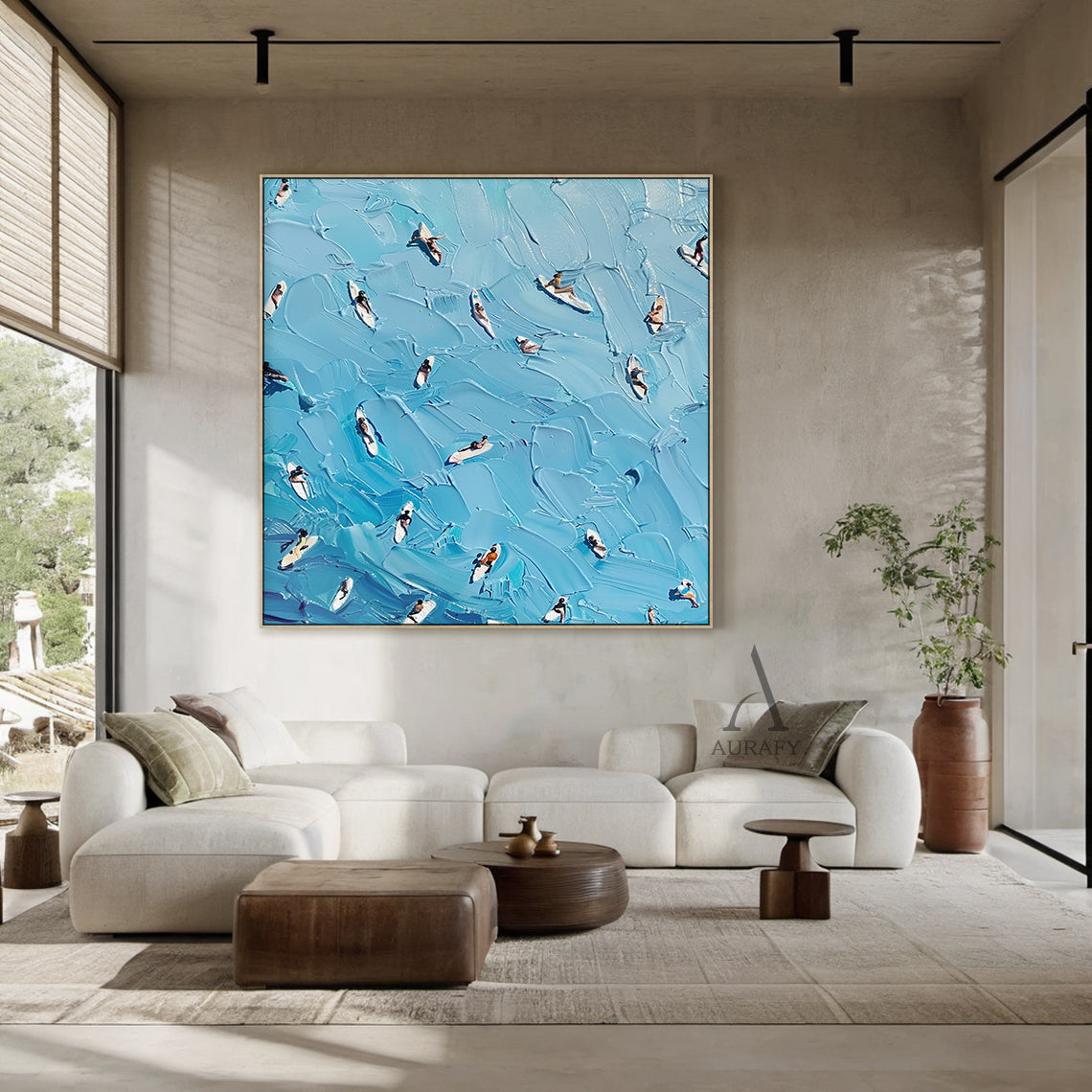 Blue Sea Surfing Art Impasto Texture Dynamic Surfer Scene Knife Strokes Vibrant Blue Tones AURA417