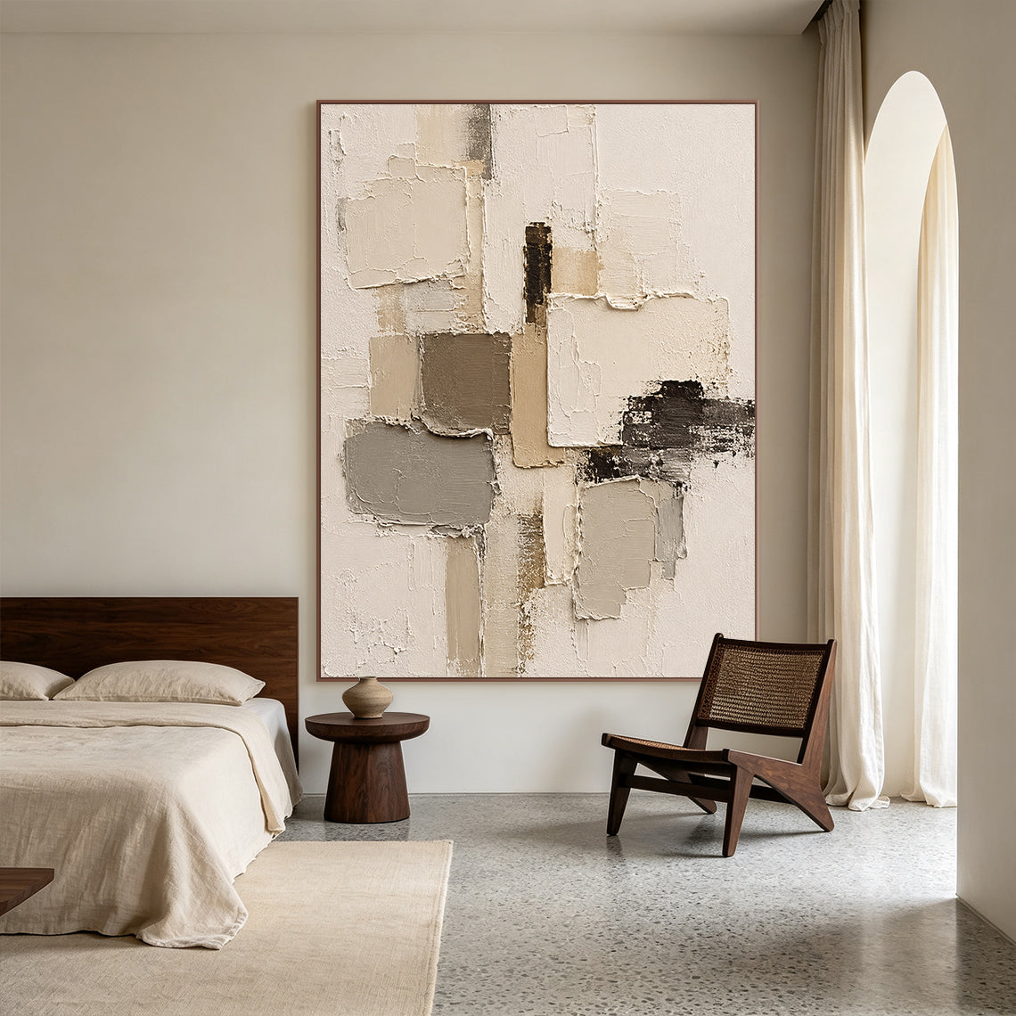 Plaster Textured Abstract Beige Brown Minimalist Japandi Sculpted Knife Stroke Neutral Wall Artwork AURA751