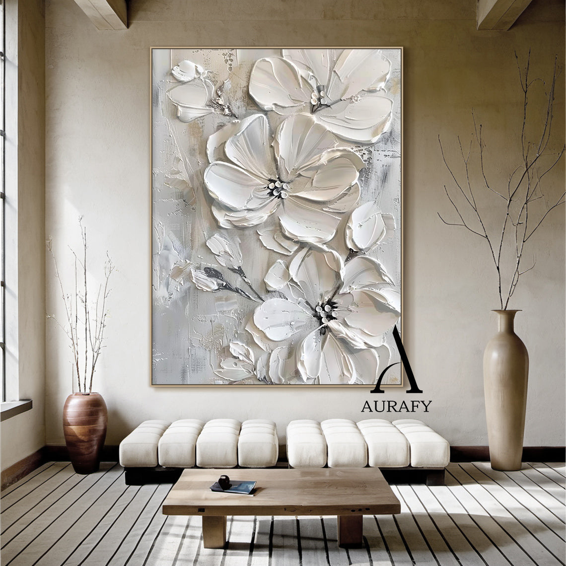 3D Textured Painting Gray White Abstract Floral Sculpted Canvas Tactile High-Relief Impasto Modern Organic Artwork AURA515