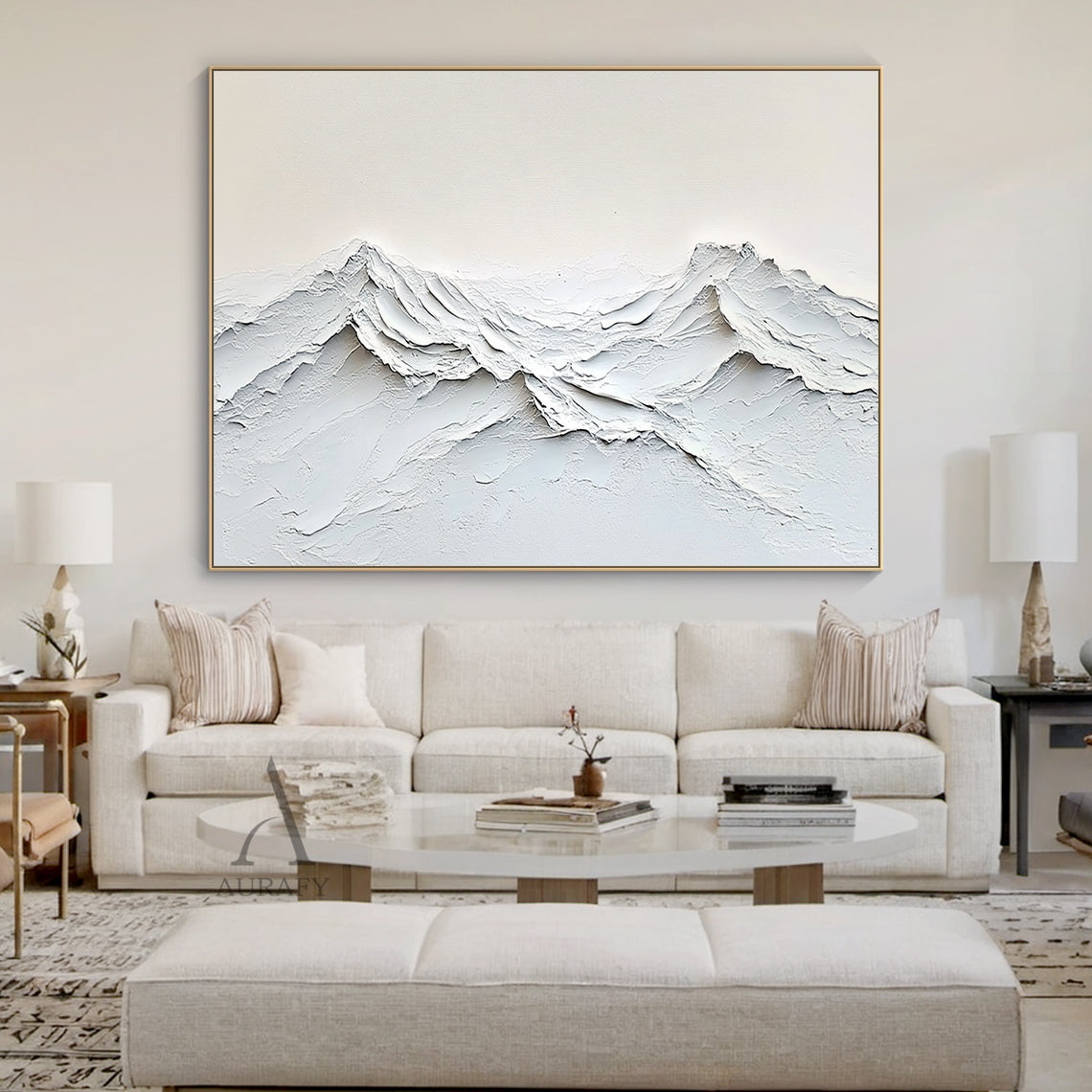 Beige Abstract Landscape Canvas Impasto Tactile Surface Sculpted Mountain Minimalist Modern Organic AURA458