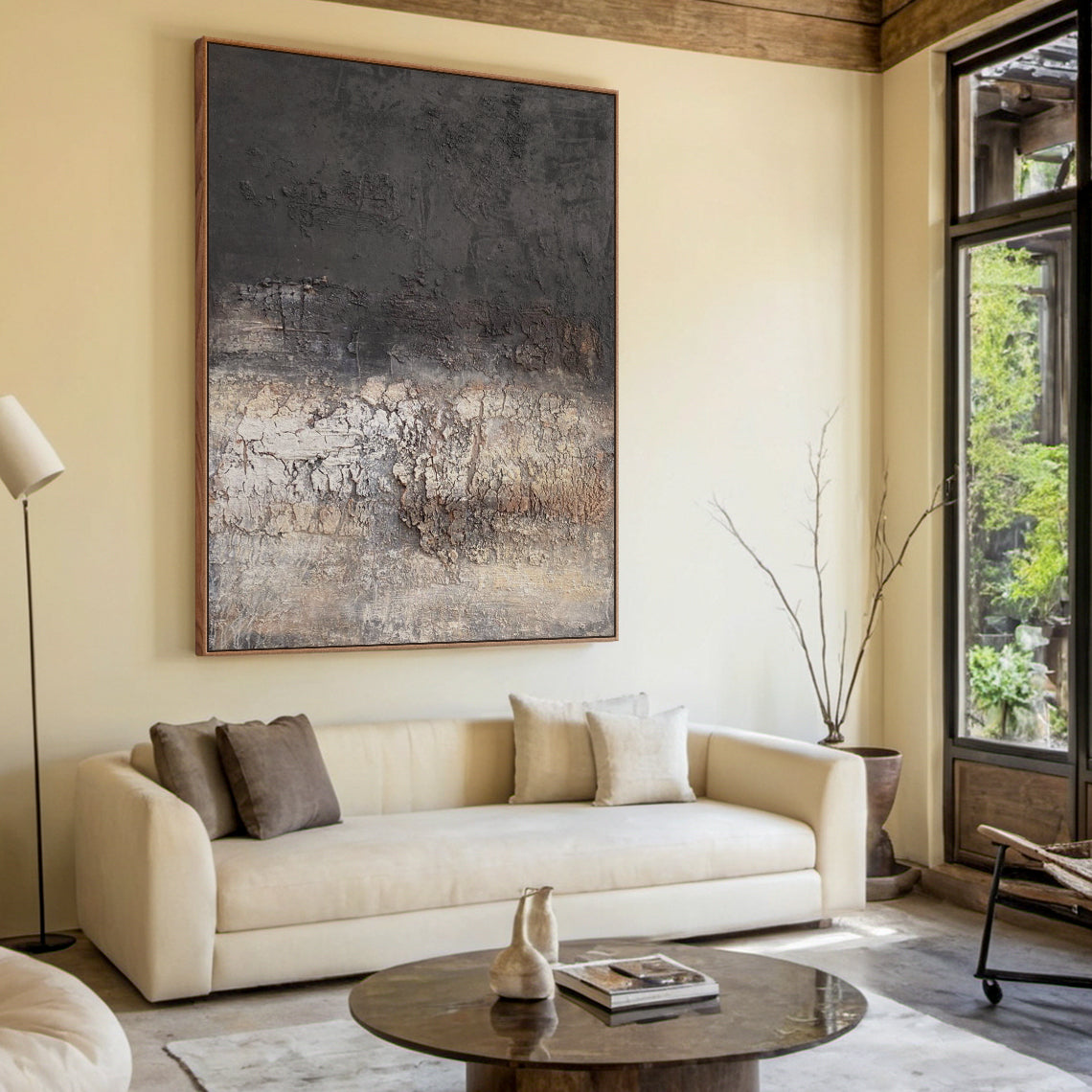 Eroded Calm — Charcoal Beige Textured Wall Art – AURA071