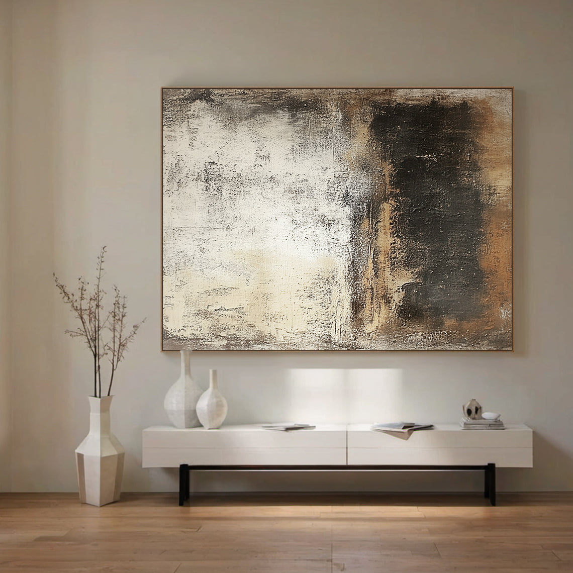 Wabi Sabi Abstract Art Beige Black Distressed Tactile Plaster-like Organic Wall Decor AURA591