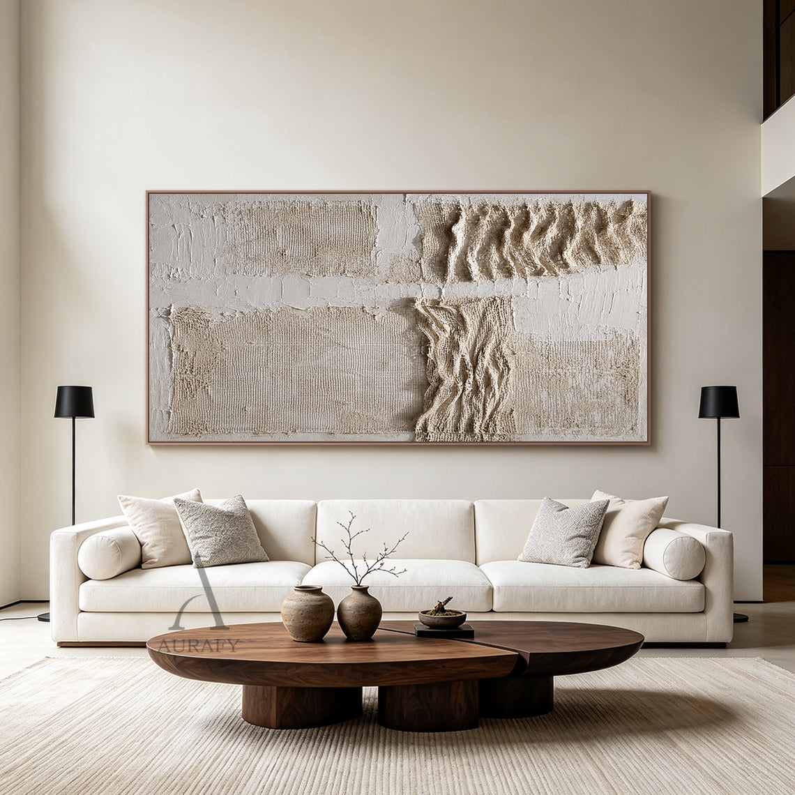 Soft Fold, Beige Brown Mesh and Plaster Textured Painting AURA857