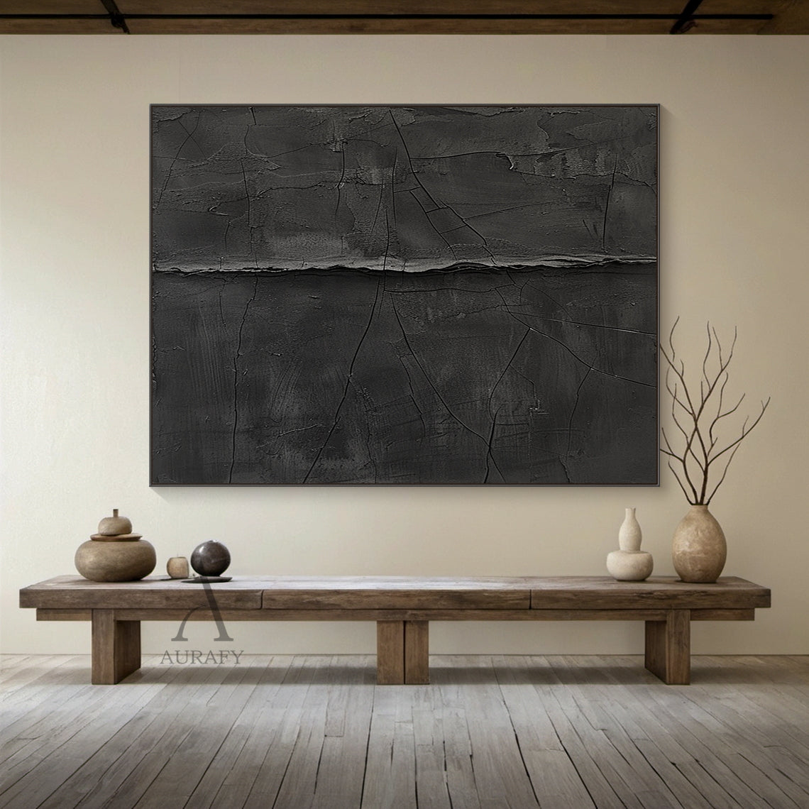 Minimalist Black Wall Art Cracked Tactile Surface High-Relief Wabi-Sabi Inspired Decorative Artwork AURA427