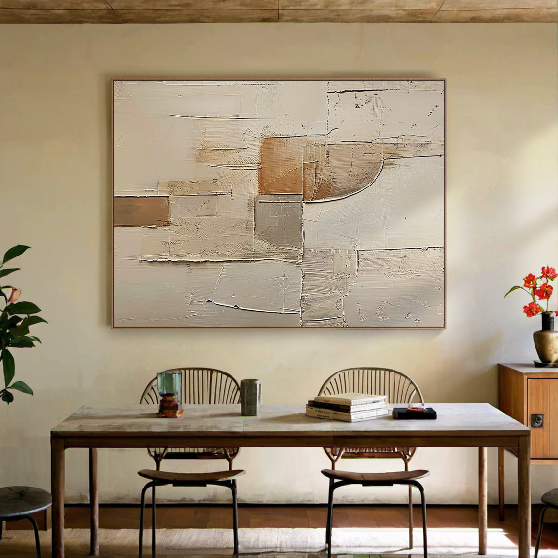 Wabi Sabi Beige Brown Impasto Artwork Tactile Surface Sculpted Canvas Irregular Block Design AURA577